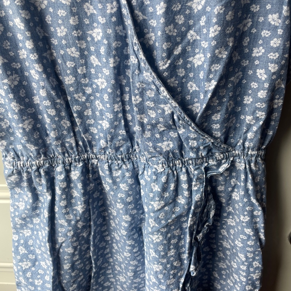 J.Crew Mercantile Sz M Blue Floral Faux Wrap Ruffle Cottage Core Mini Dress - Picture 2 of 13